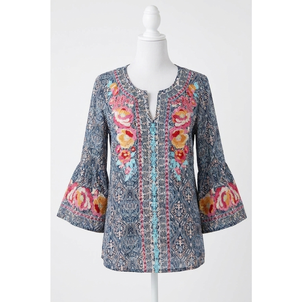 NEW ANDREE BY UNIT south beach embroidered top in navy